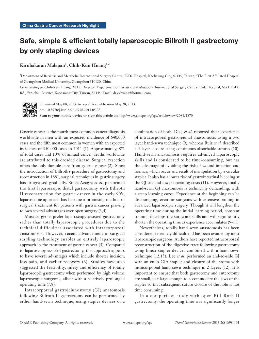 Safe, Simple & Efficient Totally Laparoscopic Billroth II Gastrectomy