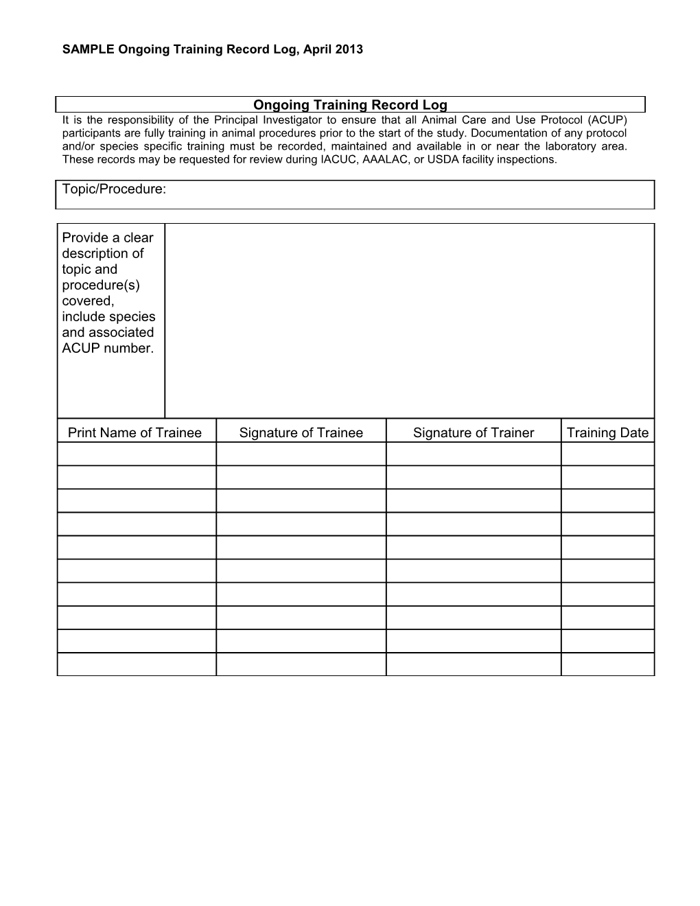 SAMPLE Ongoing Training Record Log, April 2013