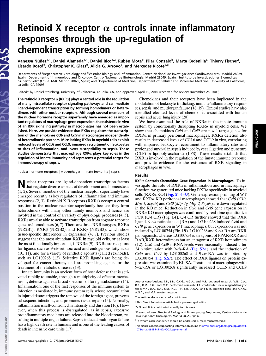 Retinoid X Receptor Α Controls Innate Inflammatory Responses Through The