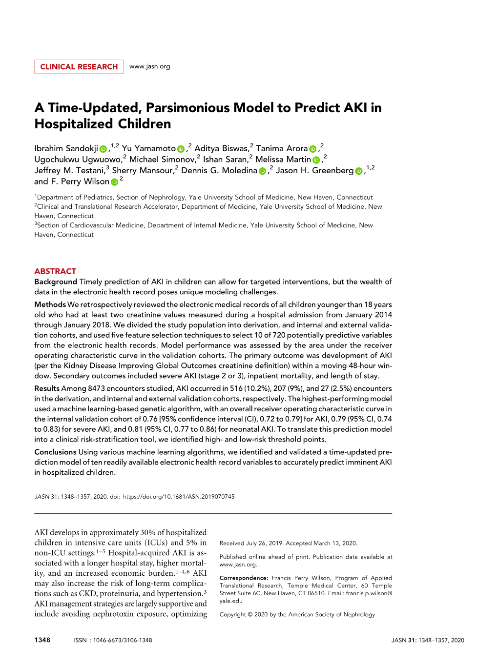 A Time-Updated, Parsimonious Model to Predict AKI in Hospitalized Children