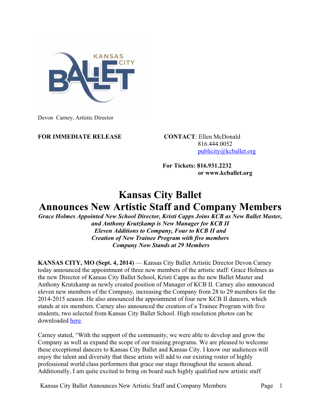 September 4, 2014 Kansas City Ballet New Artistic Staff and Company