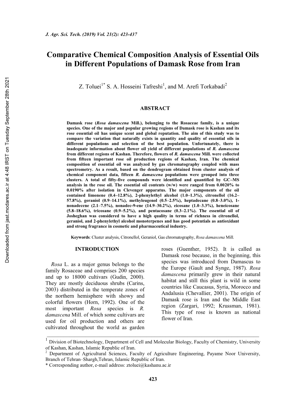 Comparative Chemical Composition Analysis of Essential Oils in Different Populations of Damask Rose from Iran