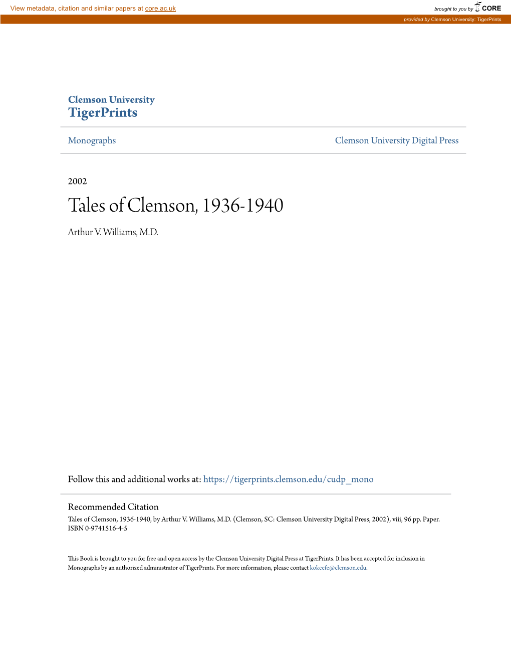 Tales of Clemson, 1936-1940 Arthur V