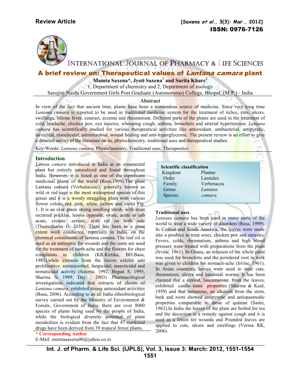 A Brief Review On: Therapeutical Values of Lantana Camara Plant