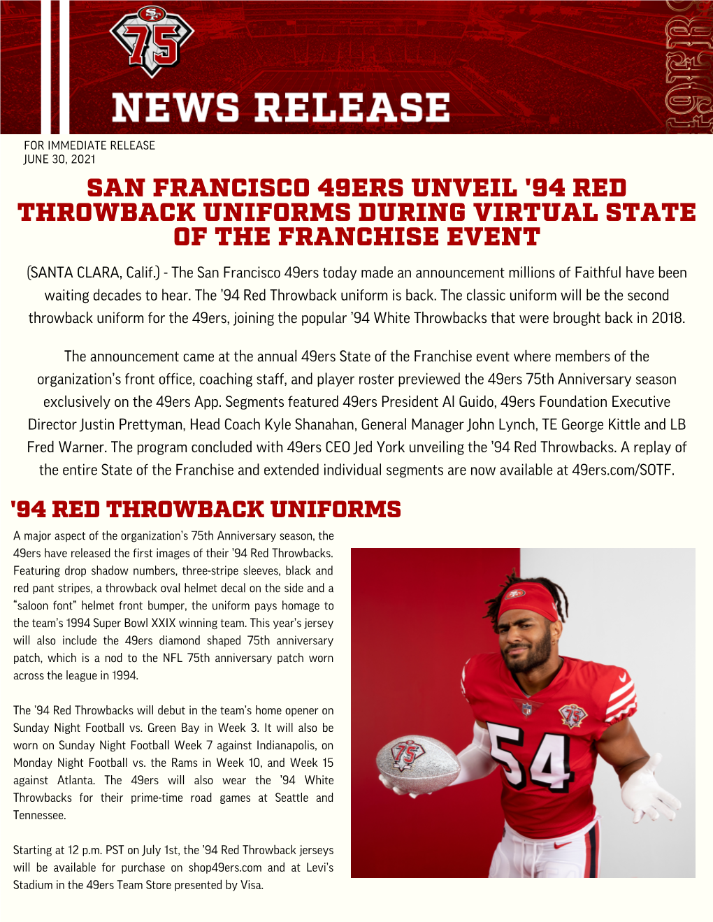 Release June 30, 2021 San Francisco 49Ers Unveil '94 Red Throwback Uniforms During Virtual State of the Franchise Event