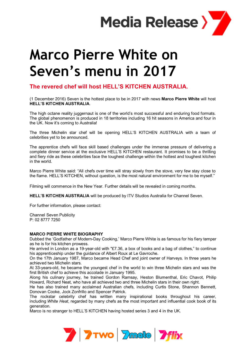 Marco Pierre White on Seven's Menu in 2017