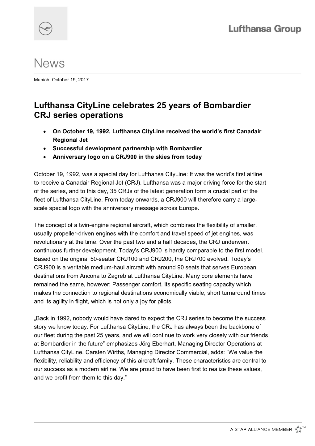 Lufthansa Cityline Celebrates 25 Years of Bombardier CRJ Series Operations