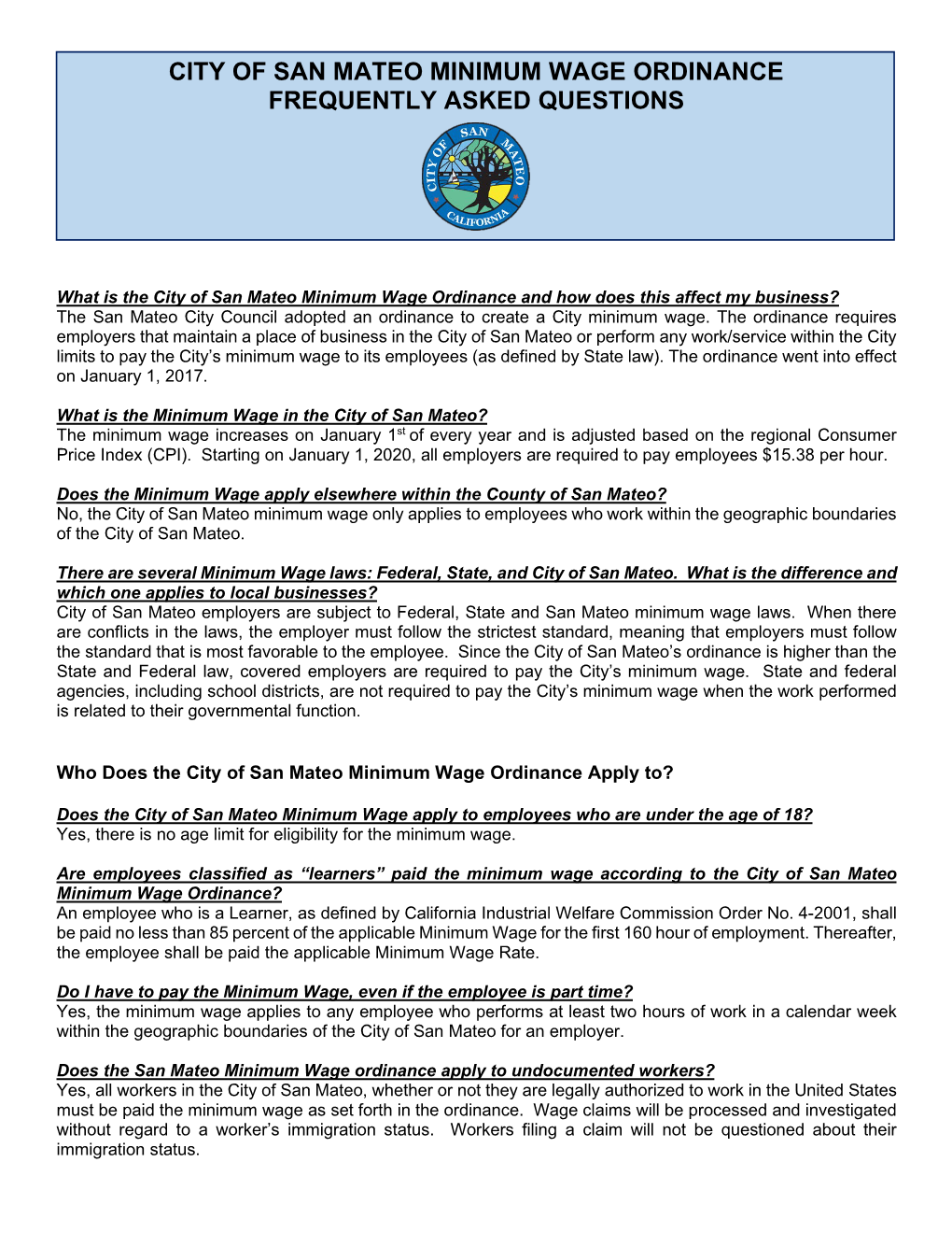 City of San Mateo Minimum Wage Ordinance Frequently Asked Questions