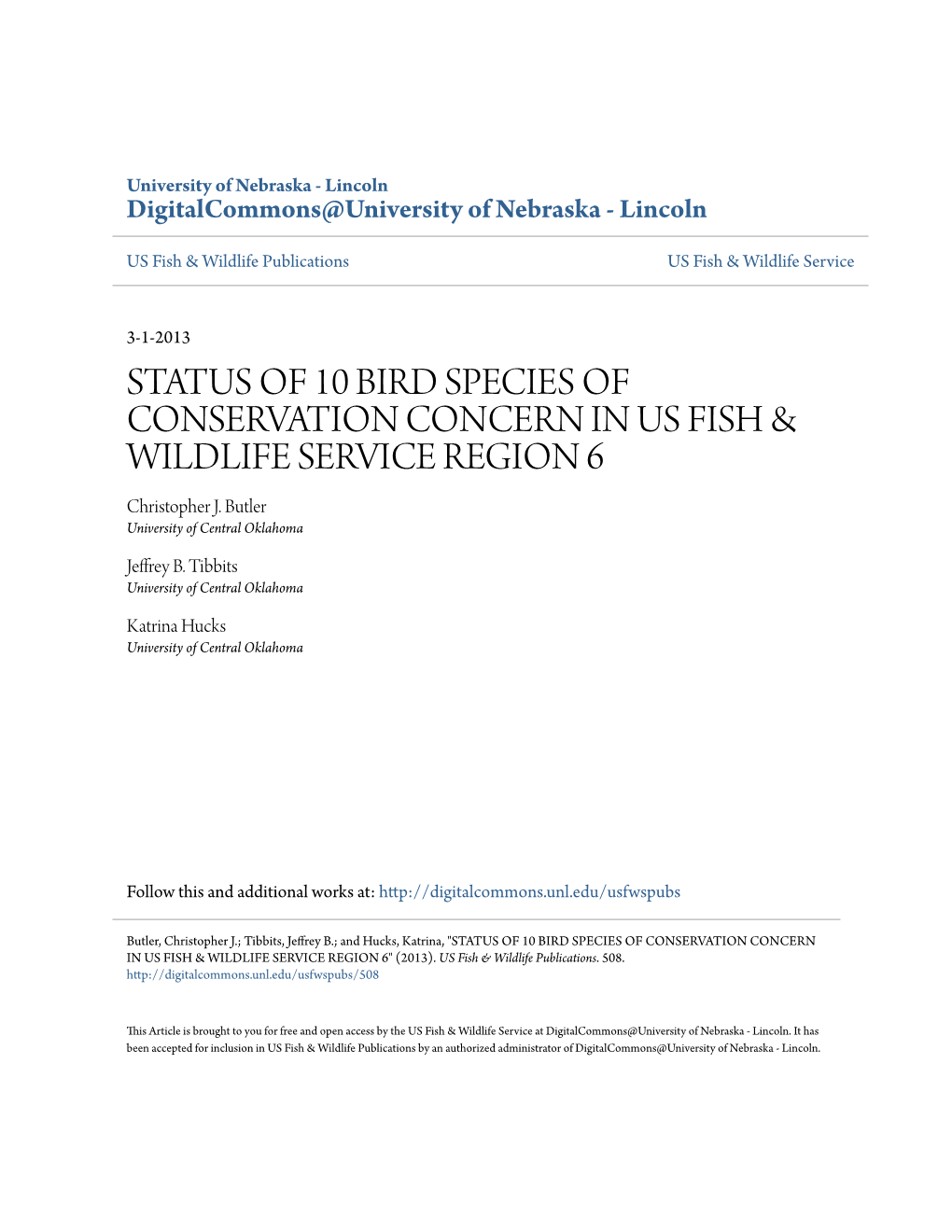 STATUS of 10 BIRD SPECIES of CONSERVATION CONCERN in US FISH & WILDLIFE SERVICE REGION 6 Christopher J