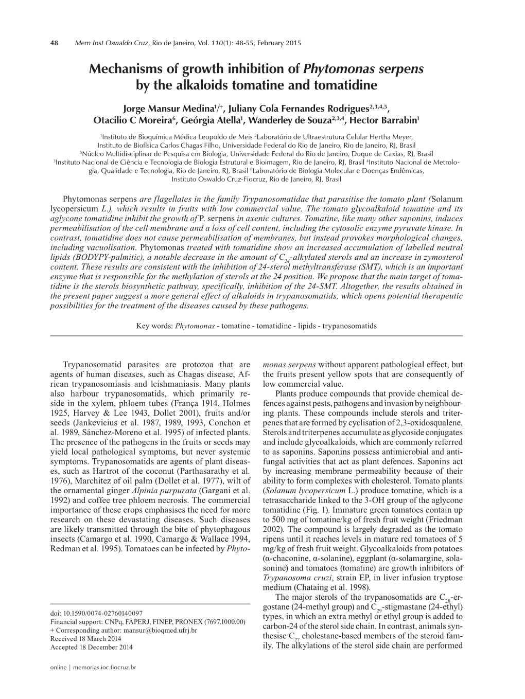 Mechanisms of Growth Inhibition of Phytomonas Serpens by the Alkaloids Tomatine and Tomatidine