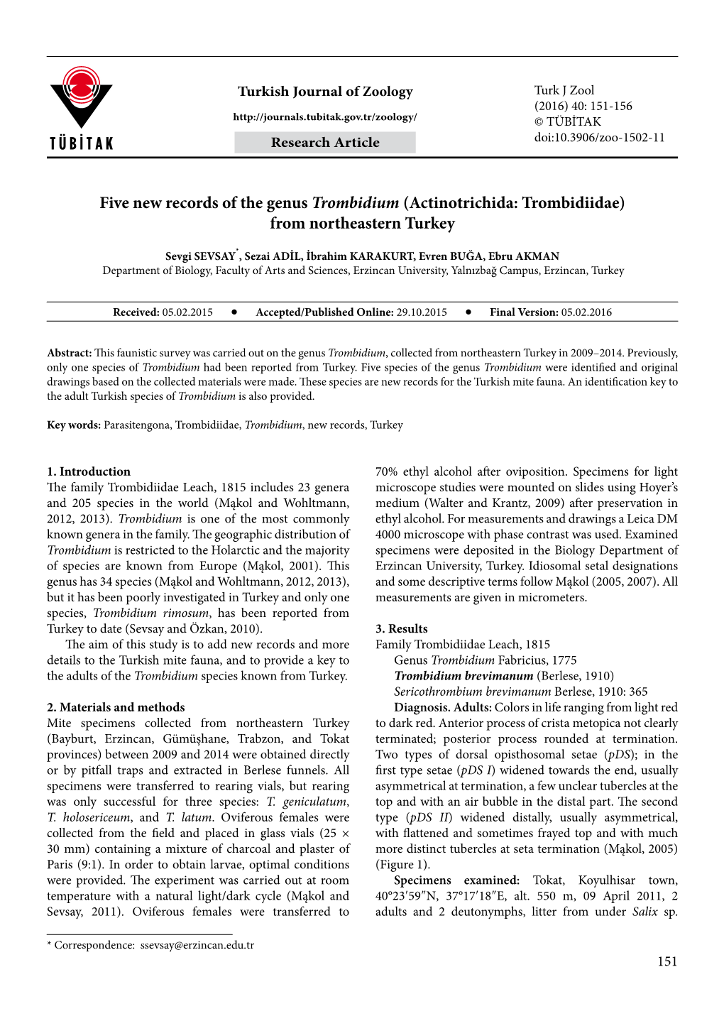 Five New Records of the Genus Trombidium (Actinotrichida: Trombidiidae) from Northeastern Turkey