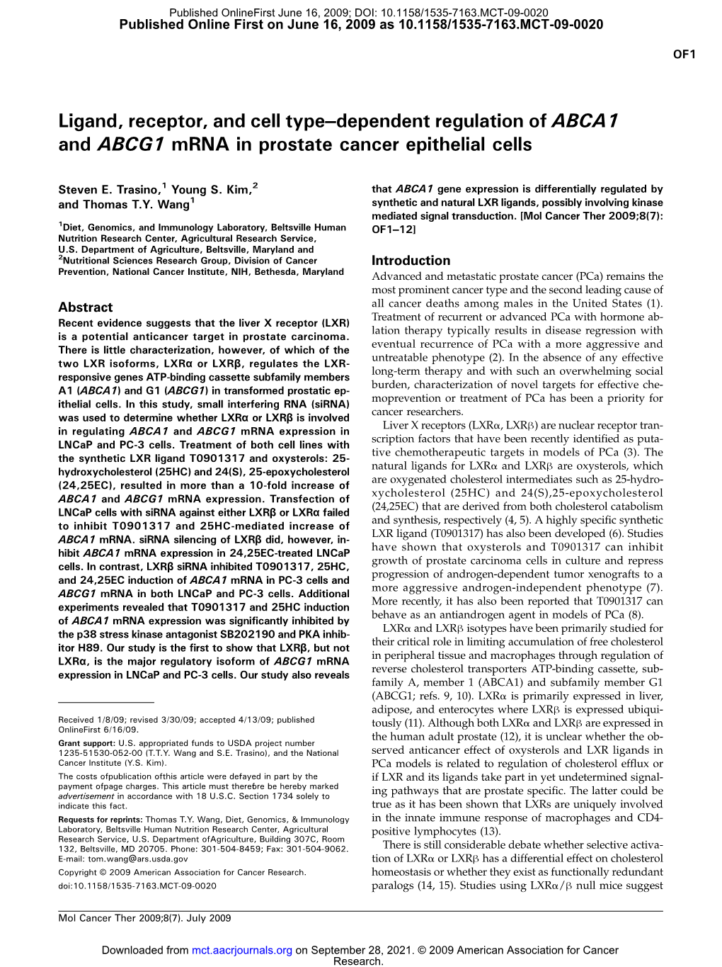Ligand, Receptor, and Cell Type–Dependent Regulation of ABCA1 and ABCG1 Mrna in Prostate Cancer Epithelial Cells