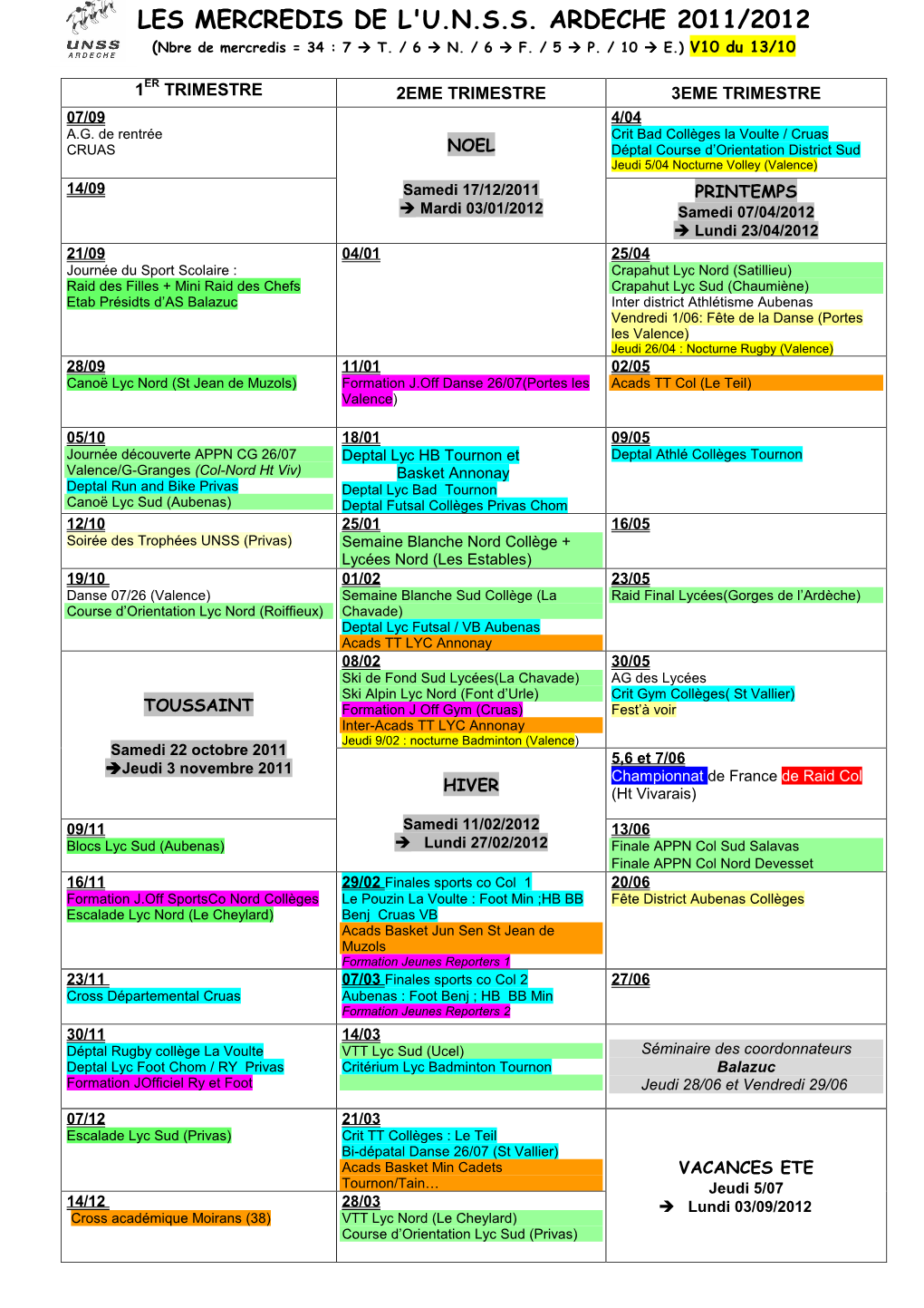 LES MERCREDIS DE L'u.N.S.S. ARDECHE 2011/2012 (Nbre De Mercredis = 34 : 7  T