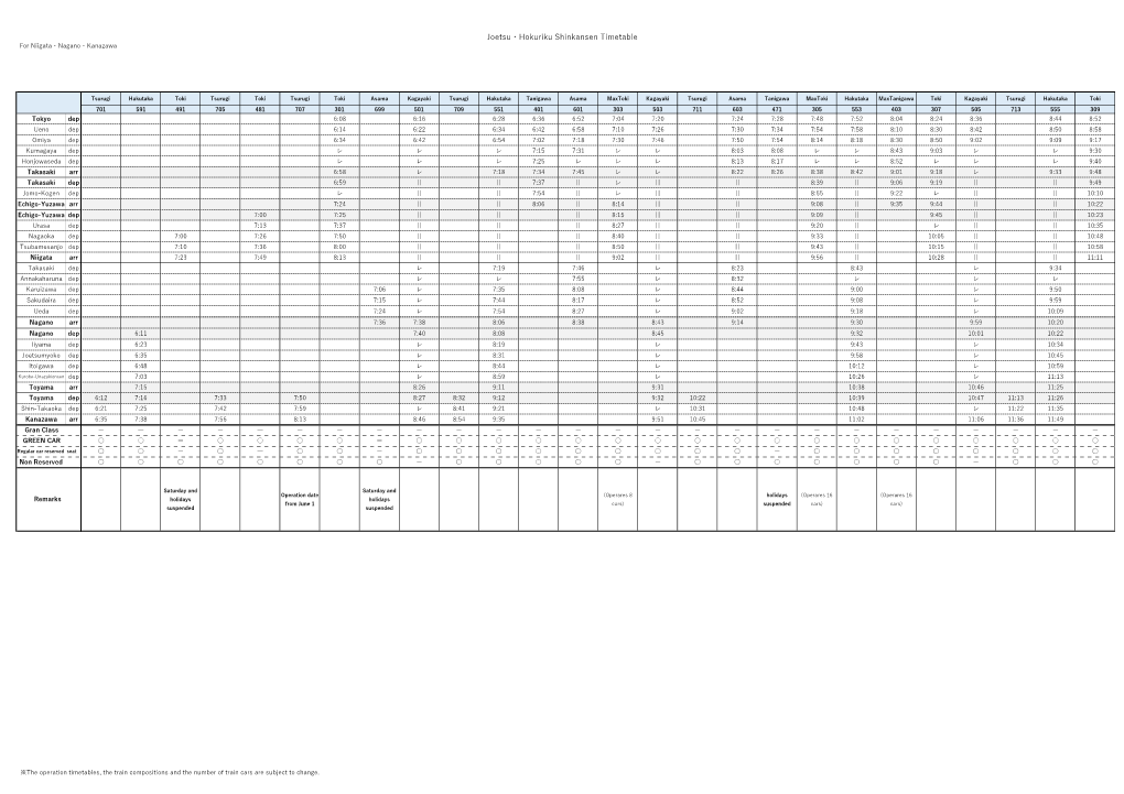 Joetsu・Hokuriku Shinkansen Timetable for Niigata・Nagano・Kanazawa