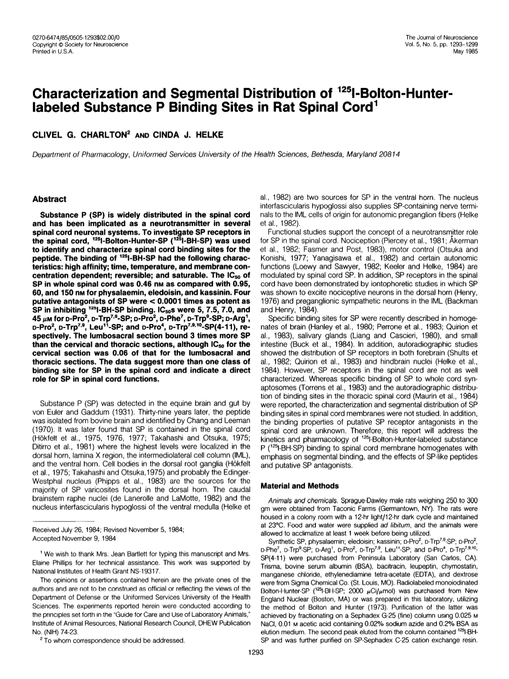 251-Bolton-Hunter- Labeled Substance P Binding Sites in Rat Spinal Cord’