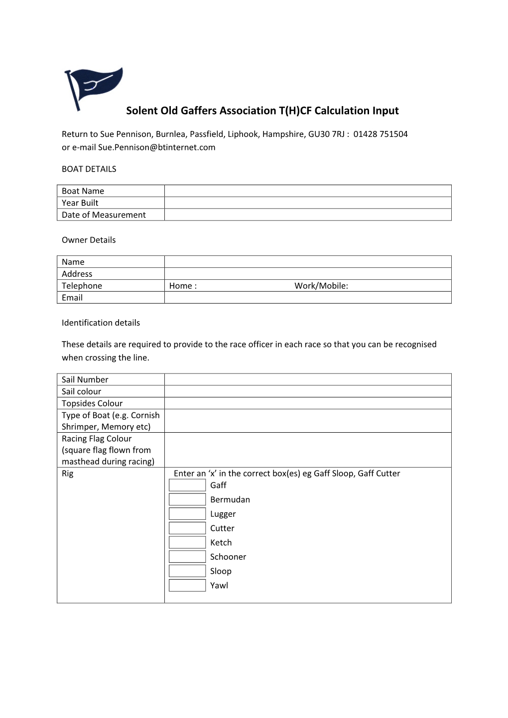 Solent Old Gaffers Association T(H)CF Calculation Input