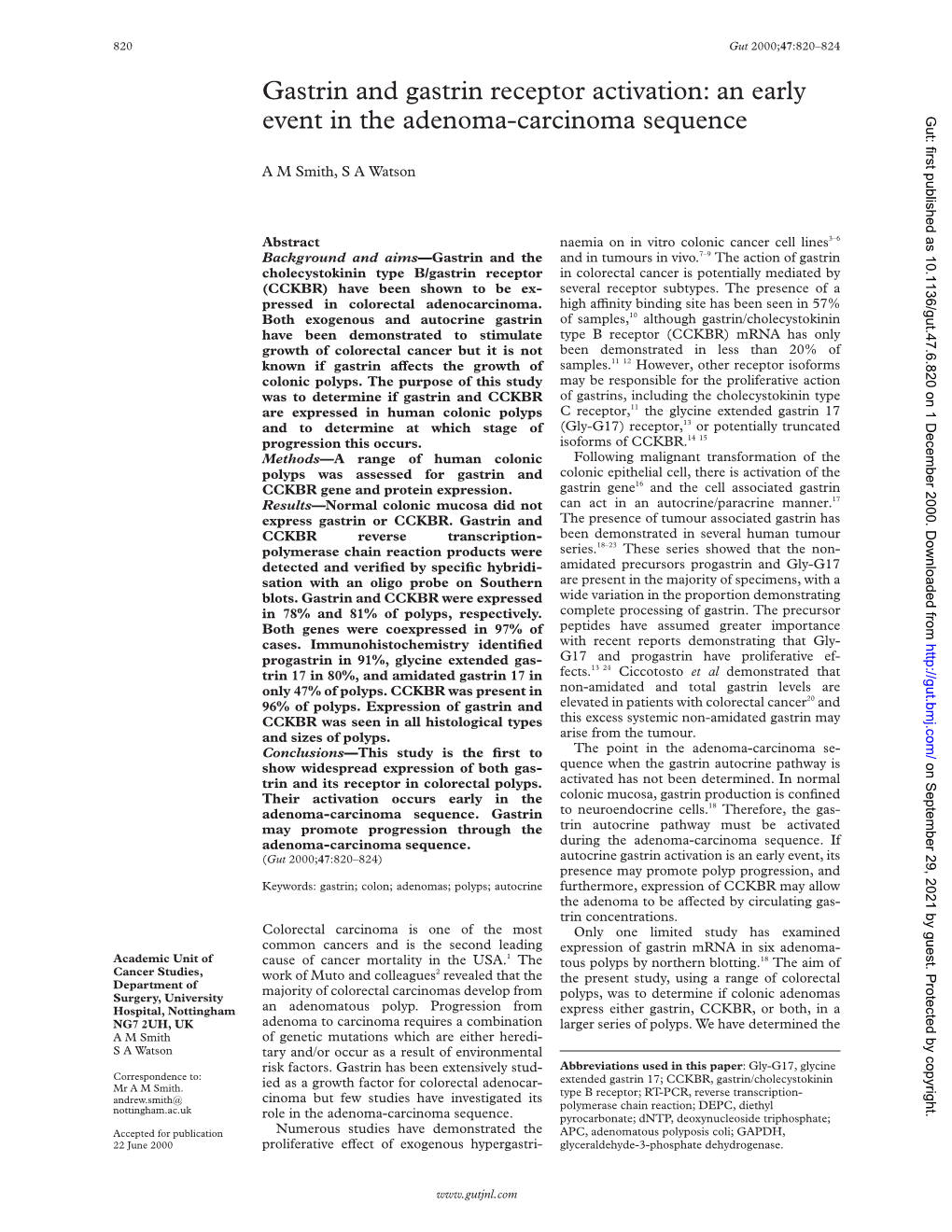 An Early Event in the Adenoma-Carcinoma Sequence Gut: First Published As 10.1136/Gut.47.6.820 on 1 December 2000