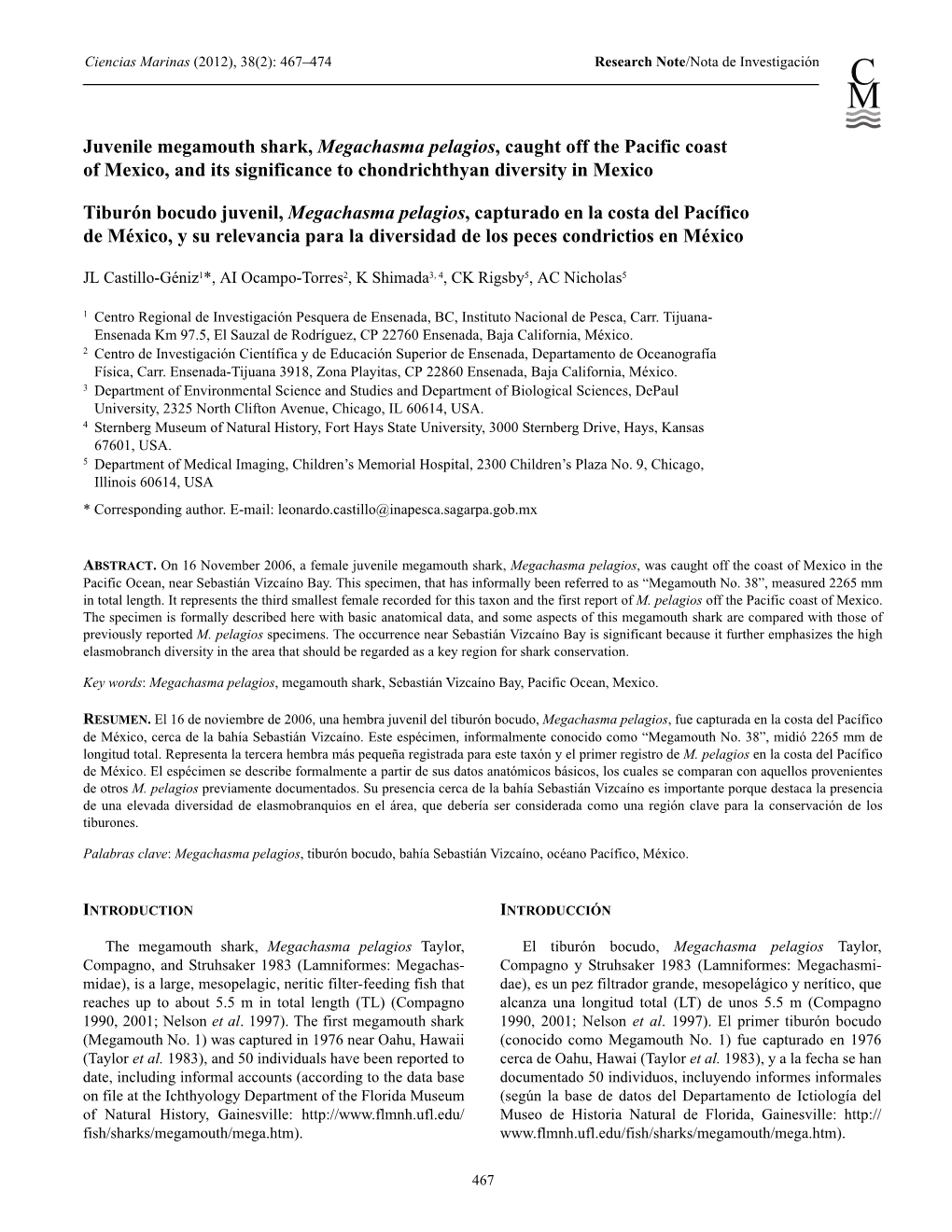 Juvenile Megamouth Shark, Megachasma Pelagios, Caught Off the Pacific Coast of Mexico, and Its Significance to Chondrichthyan Diversity in Mexico