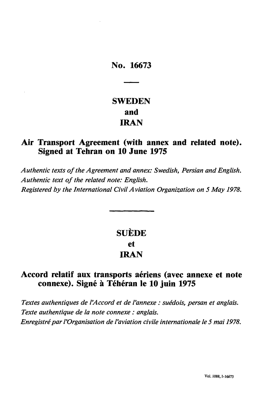 No. 16673 SWEDEN and IRAN Air Transport Agreement