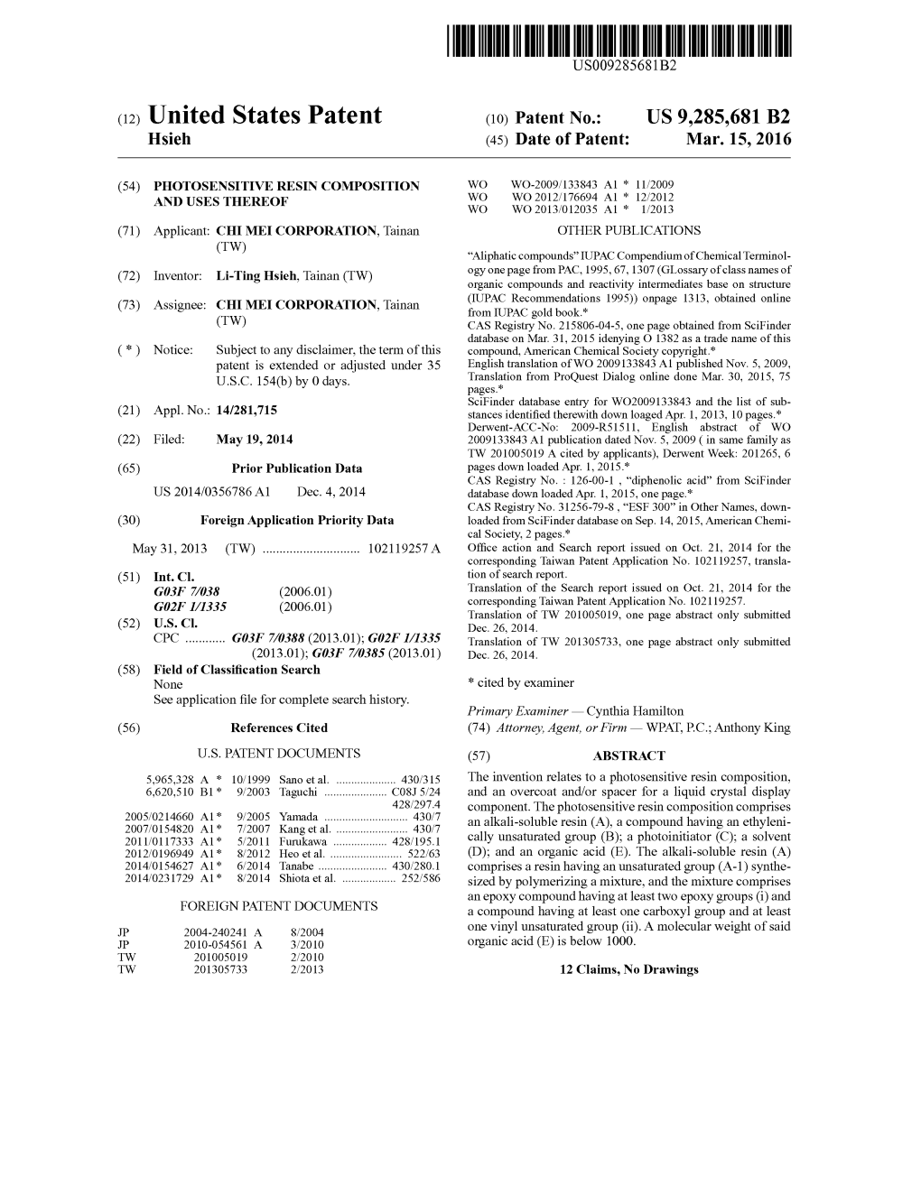 (12) United States Patent (10) Patent No.: US 9.285,681 B2 Hsieh (45) Date of Patent: Mar