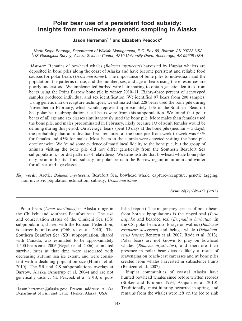 Polar Bear Use of a Persistent Food Subsidy: Insights from Non-Invasive Genetic Sampling in Alaska