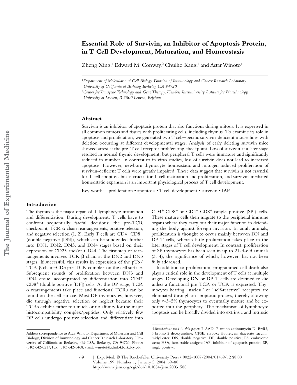 Essential Role of Survivin, an Inhibitor of Apoptosis Protein, in T Cell