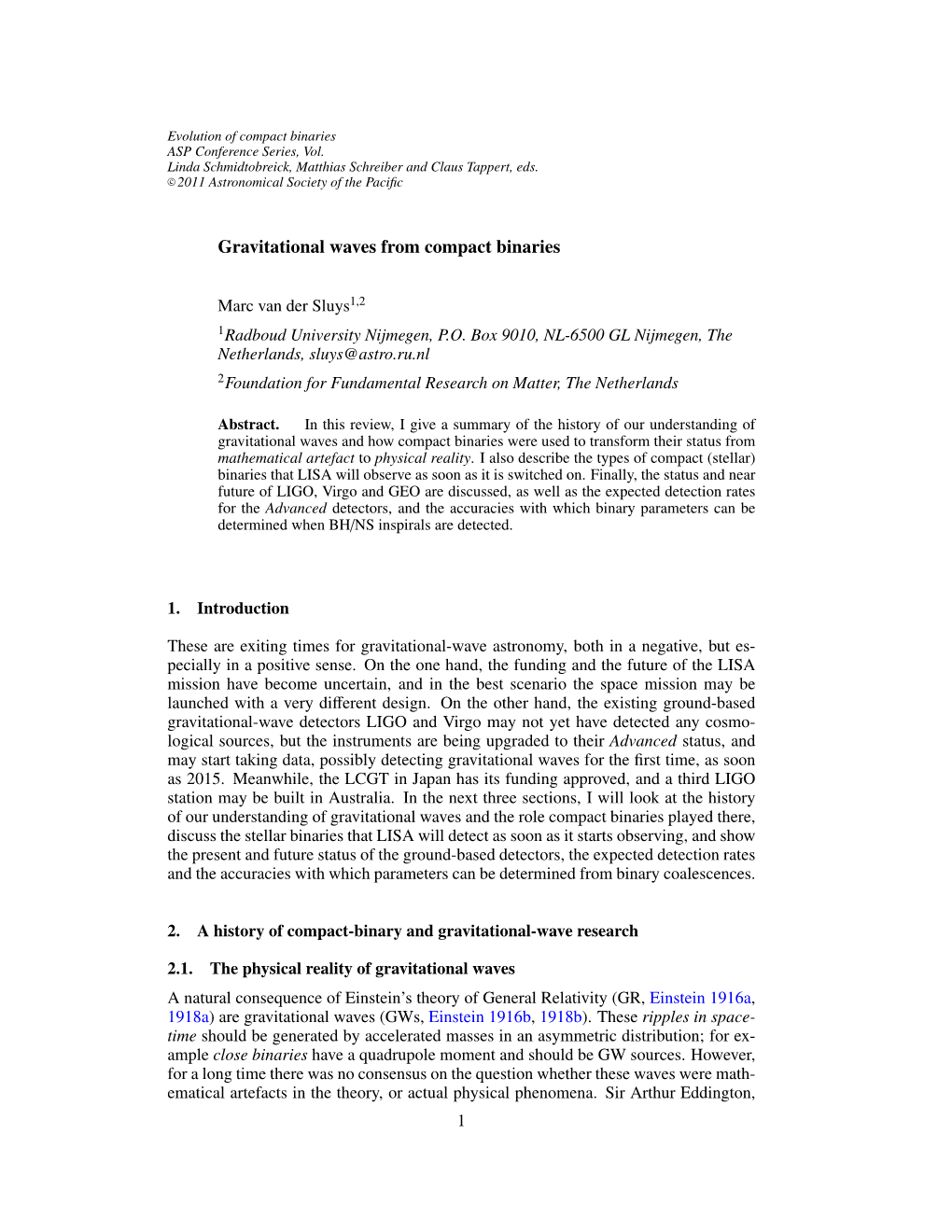 Gravitational Waves from Compact Binaries