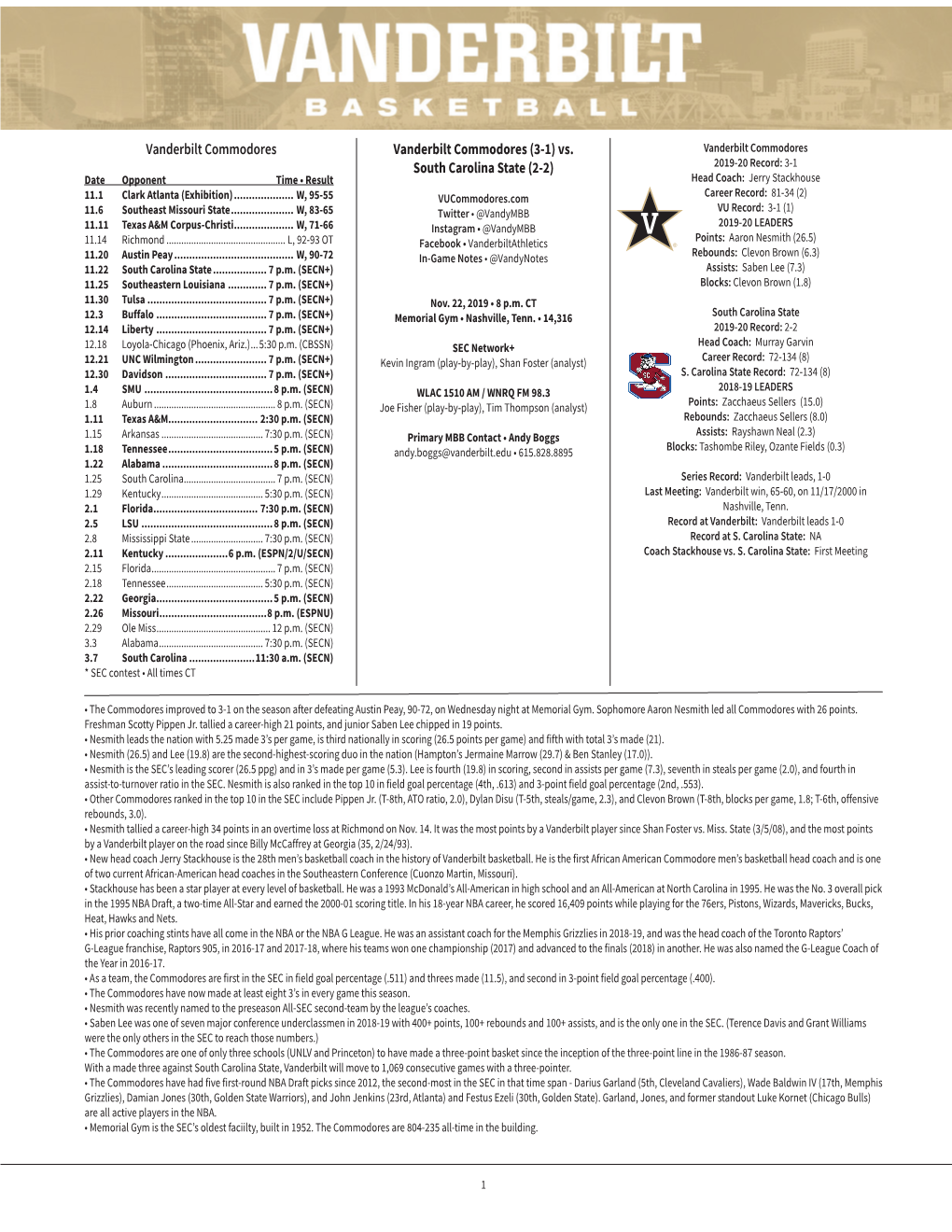 South Carolina State (2-2) 2019-20 Record: 3-1 Date Opponent Time • Result Head Coach: Jerry Stackhouse 11.1 Clark Atlanta (Exhibition)