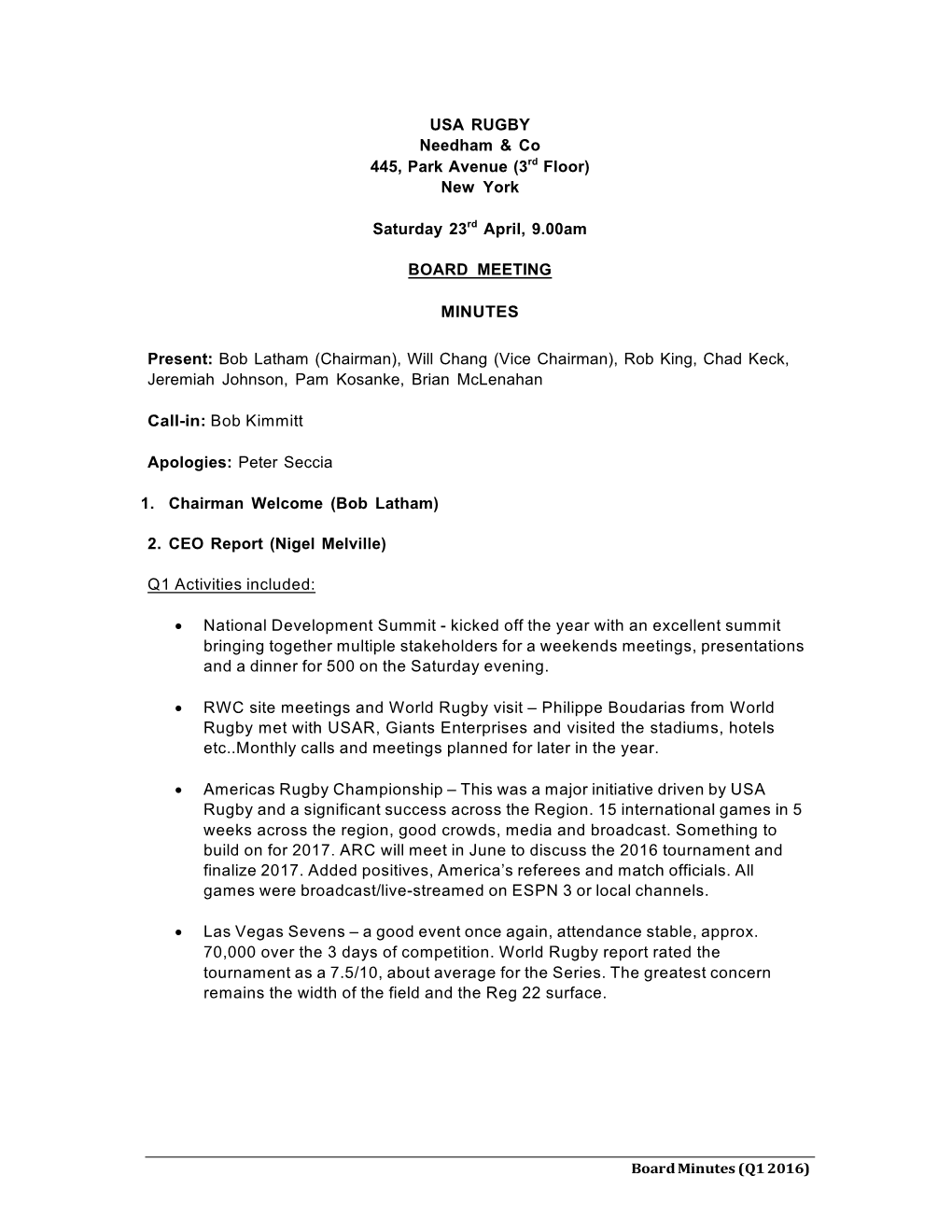 USA RUGBY Needham & Co 445, Park Avenue (3Rd Floor) New York Saturday 23Rd April, 9.00Am BOARD MEETING MINUTES Present: Bo