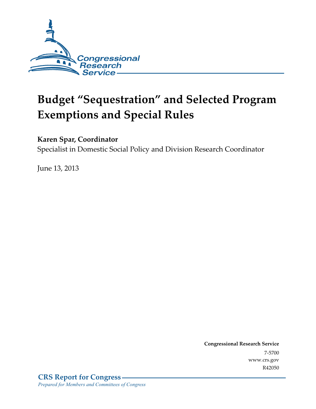 Sequestration” and Selected Program Exemptions and Special Rules