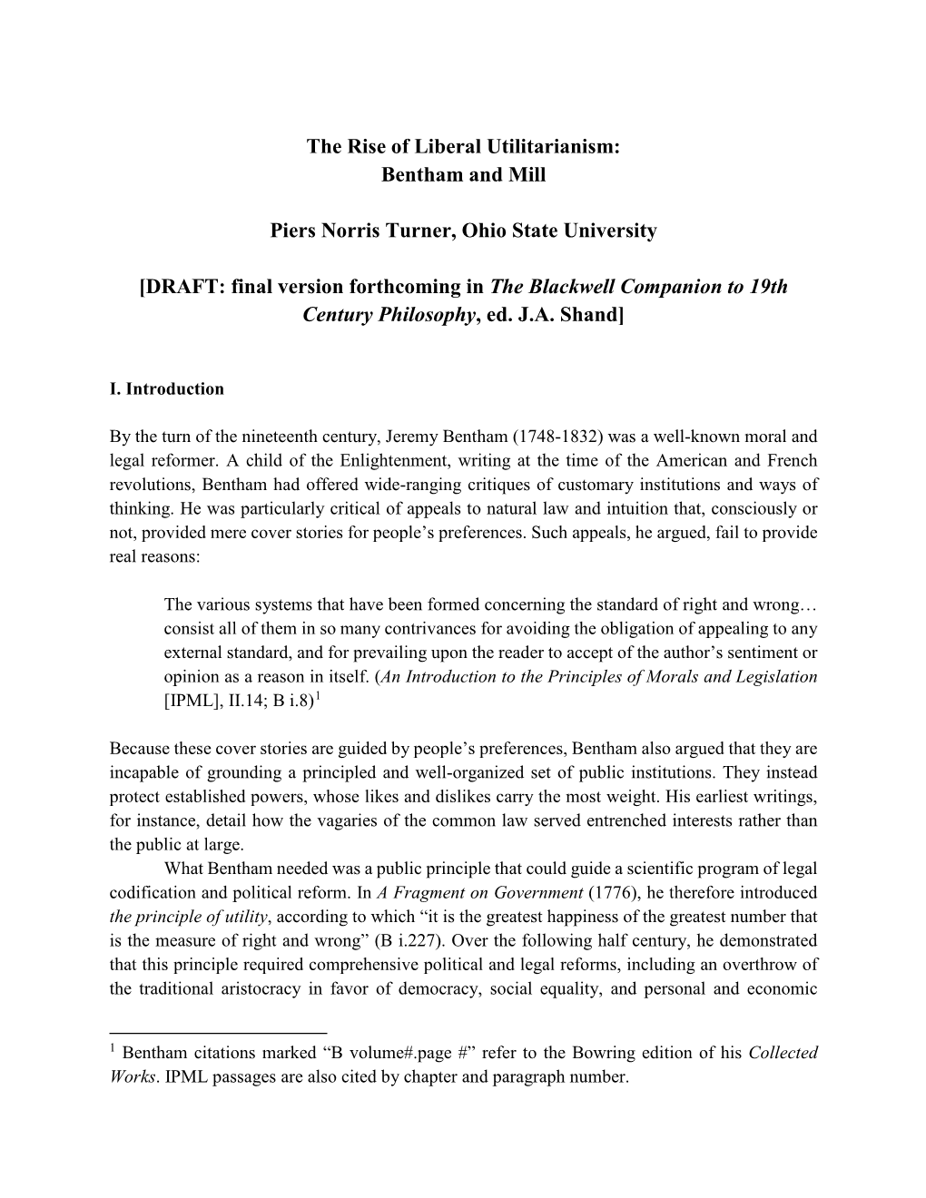 The Rise of Liberal Utilitarianism: Bentham and Mill Piers Norris