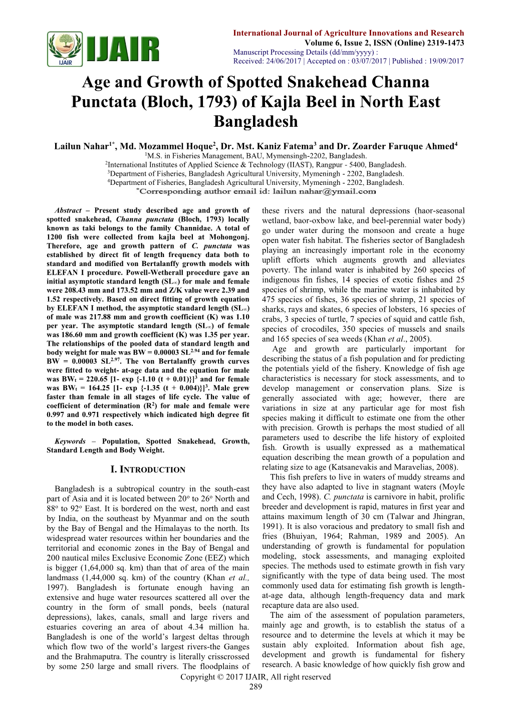 Age and Growth of Spotted Snakehead Channa Punctata (Bloch, 1793) of Kajla Beel in North East Bangladesh