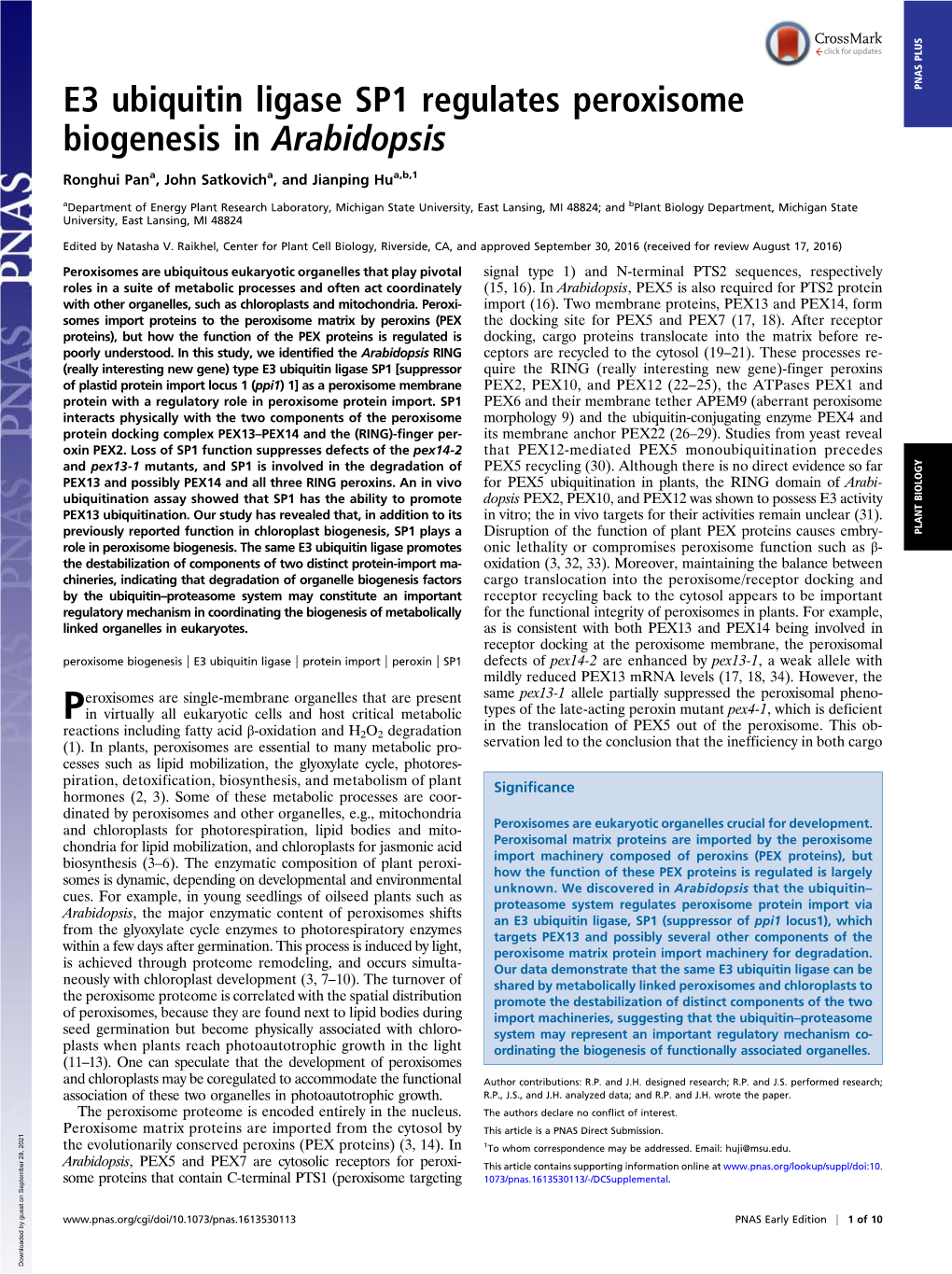 E3 Ubiquitin Ligase SP1 Regulates Peroxisome Biogenesis in Arabidopsis