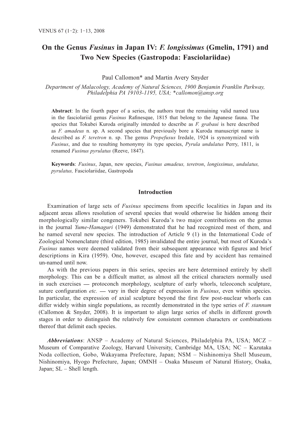 F. Longissimus (Gmelin, 1791) and Two New Species (Gastropoda: Fasciolariidae)