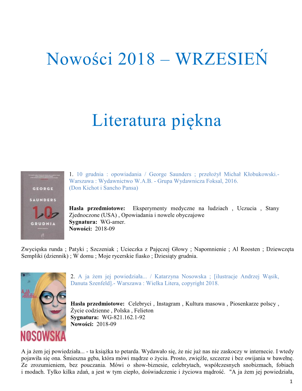 Nowości 2018 – WRZESIEŃ Literatura Piękna