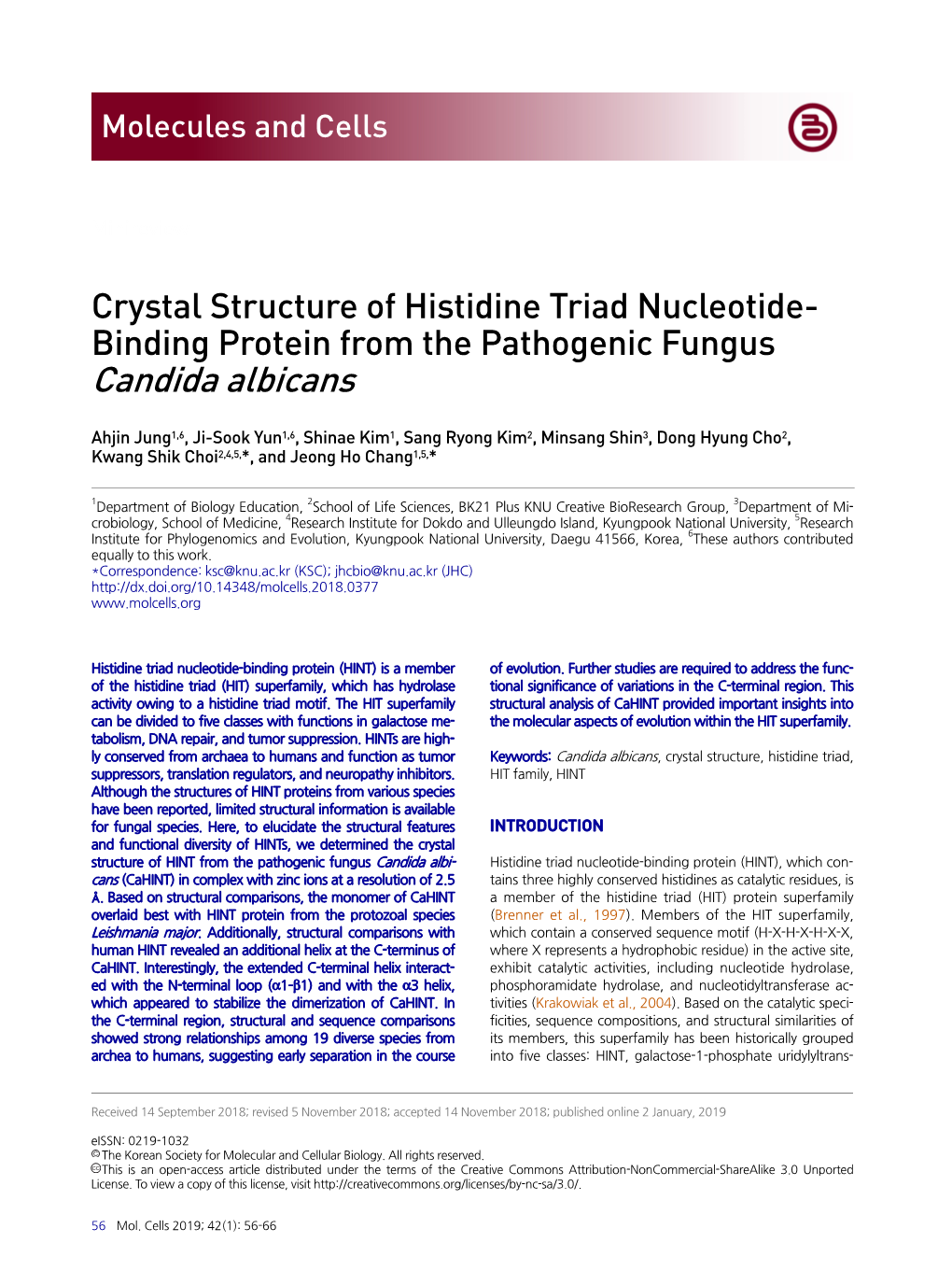 Crystal Structure of Histidine Triad Nucleotide- Binding Protein from the Pathogenic Fungus Candida Albicans