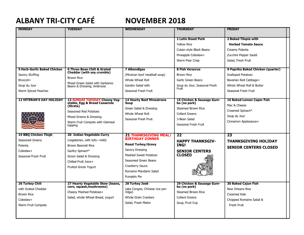 Albany Tri-City Café November 2018 Monday Tuesday Wednesday Thursday Friday