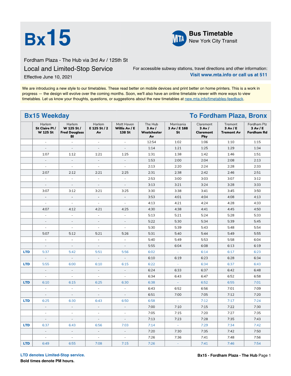 MTA Bx15 Bus Timetable