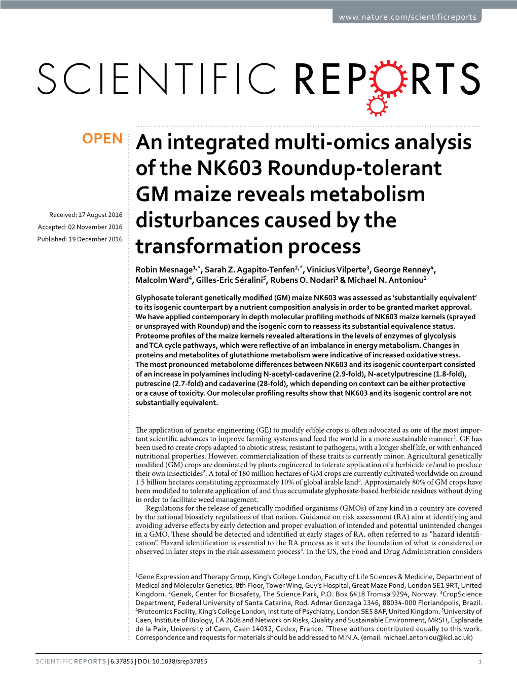 An Integrated Multi-Omics Analysis of the NK603 Roundup-Tolerant GM