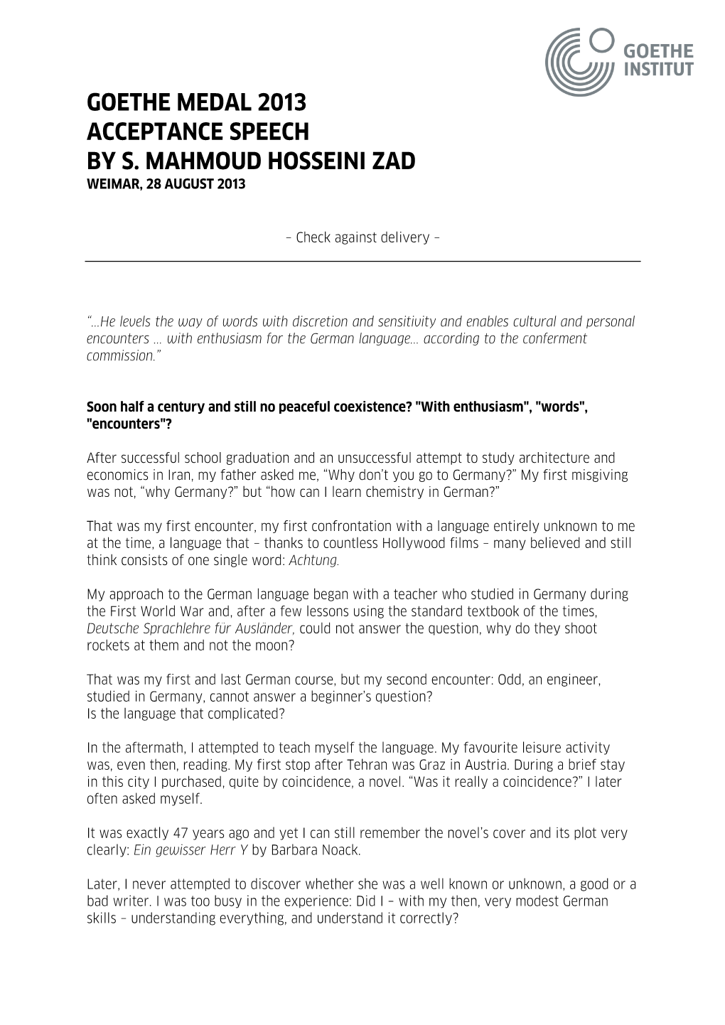 Acceptance Speech by S. Mahmoud Hosseini Zad Weimar, 28 August 2013