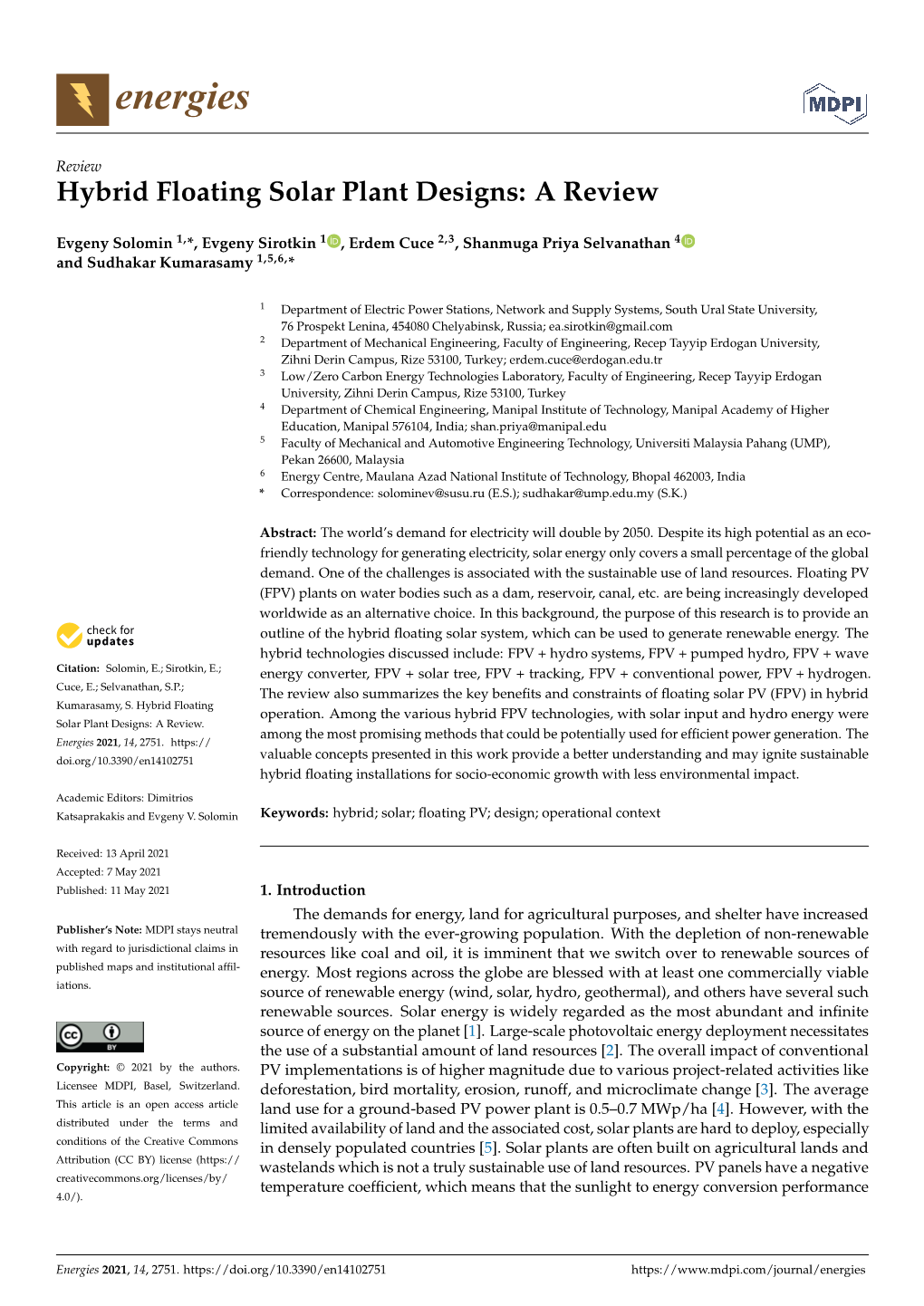 Hybrid Floating Solar Plant Designs: a Review