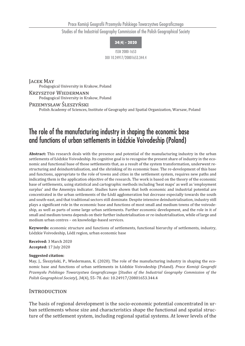 The Role of the Manufacturing Industry in Shaping the Economic Base and Functions of Urban Settlements in Łódzkie Voivodeship (Poland)