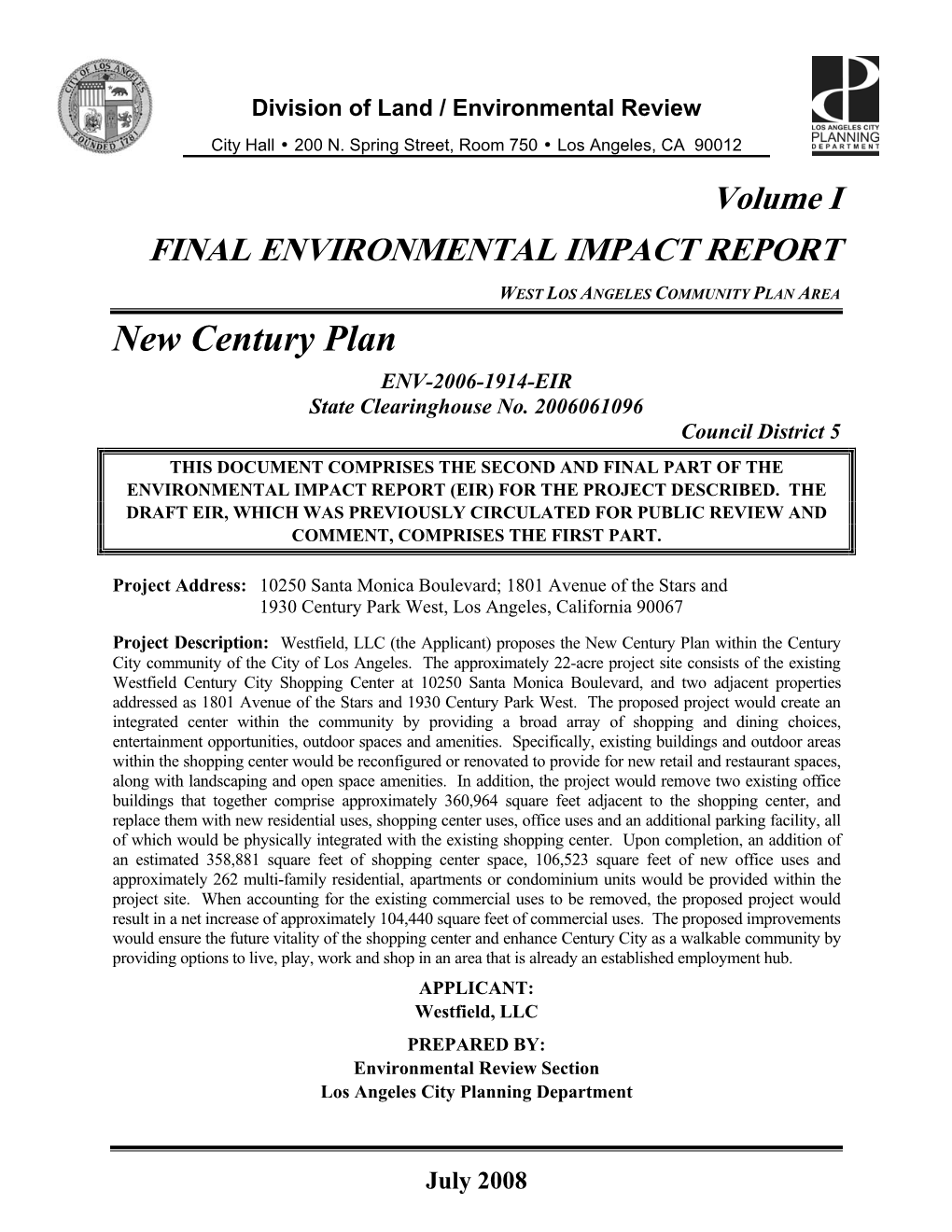 New Century Plan ENV-2006-1914-EIR State Clearinghouse No