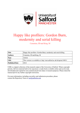 Gordon Burn, Modernity and Serial Killing Cummins, ID and King, M