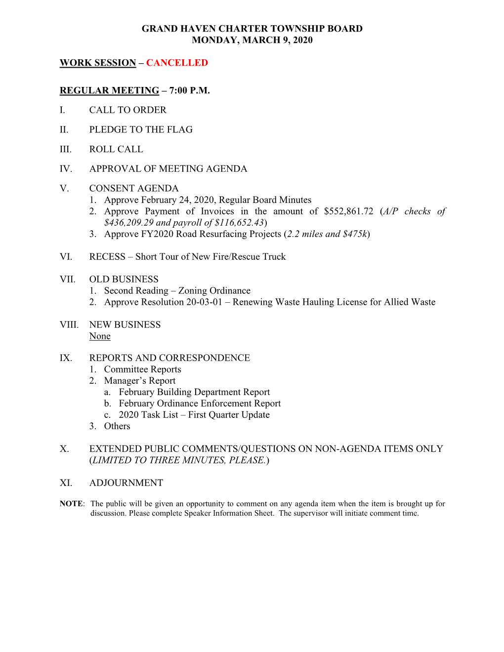 Cancelled Regular Meeting – 7