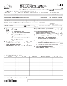 Form IT-201 Resident Income Tax Return Tax Year 2020