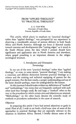 "APPLIED THEOLOGY" to "PRACTICAL THEOLOGY" This Article, Which Places Its Emphasis On