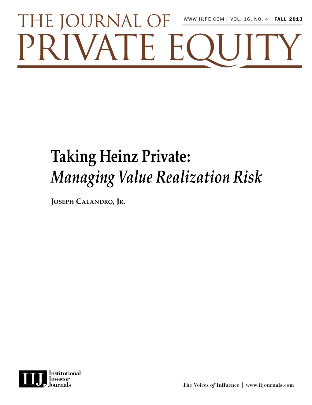 Taking Heinz Private: Managing Value Realization Risk (PDF)