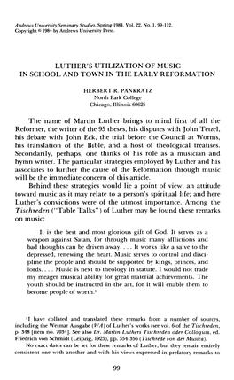 Luther's Utilization of Music in School and Town in the Early Reformation