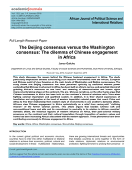 The Beijing Consensus Versus the Washington Consensus: the Dilemma of Chinese Engagement in Africa
